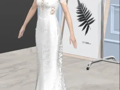 Wedding dress fishtail skirt and lace skirt  Low-poly 3D model