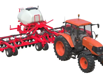 Kubota M130X1 Tractor and Seed Drill Low-poly 3D model