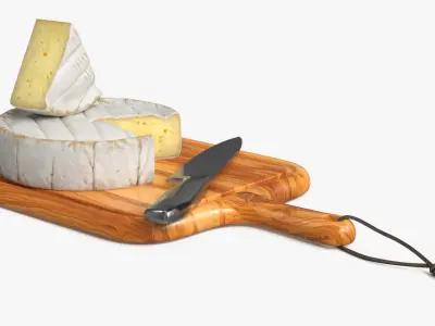 Brie Cheese Wheel on Wooden Board with Knife 3D model
