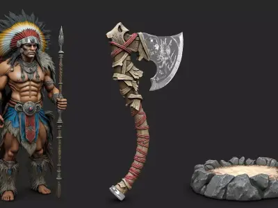 Native american warrior chief with axe high poly resolution 3D model