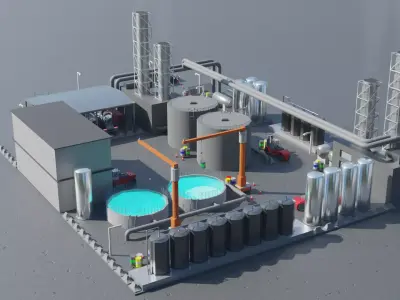 Industial Plant with Detailed Equipment and Vehicles Low-poly 3D model