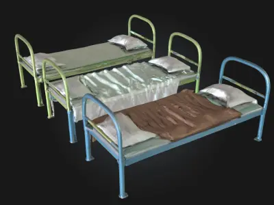 Three Metal Beds  Industrial Sleeping Setup 3D model