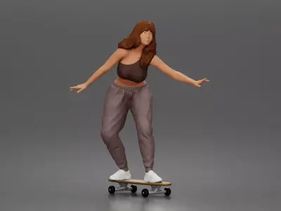 Skater girl balances gracefully wearing crop top jogger pants 3D print model