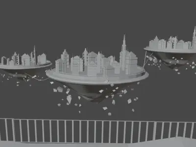 3D Cyberworld city floating in air Free low-poly 3D model