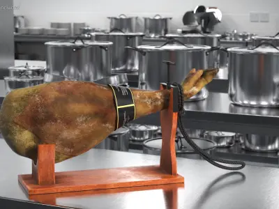 Iberico Ham Leg on Wooden Carving Stand 3D model
