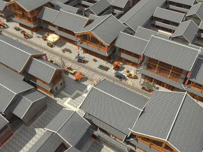 Asian medieval street scene historical buildings 3D model