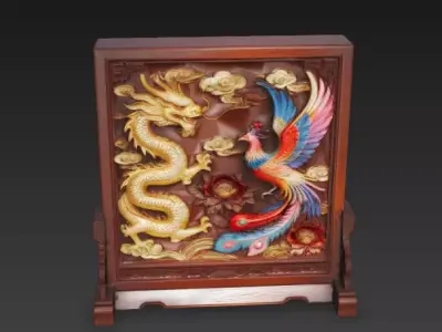 Antique Style Screen Dragon and Phoenix Bringing Prosperity 2 3D model