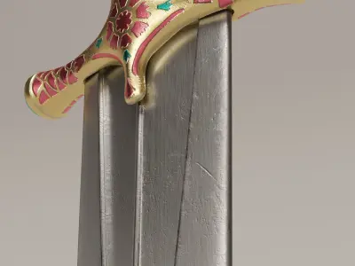 Oriental ceremonial dagger with golden handle and decorations Low-poly 3D model