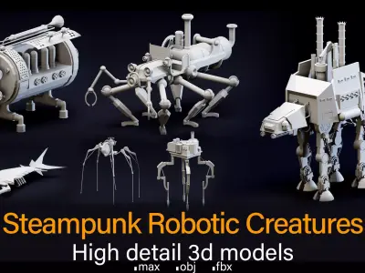 6 Steampunk Robotic Creatures- High detail 3d models Low-poly 3D model