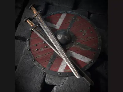 Viking sword and shield with simple ornament Low-poly 3D model