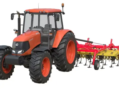 Kubota M130X1 Tractor and Agricultural Cultivator Low-poly 3D model