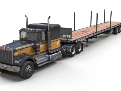 Kenworth W900A flatbed semitruck Low-poly 3D model