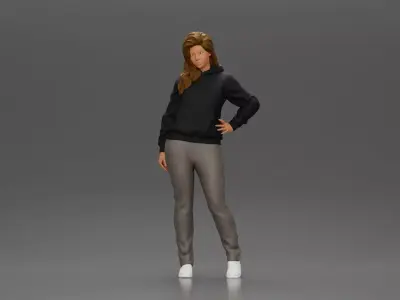 Casual girl with hoodie and sweatpants striking a confident pose 3D print model