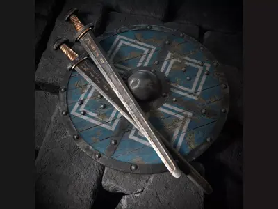 Viking sword and shield with geometric ornament Low-poly 3D model