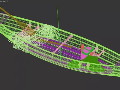 Wooden Fishing Rowboat with Gear and Picnic Set 3D model  3D model