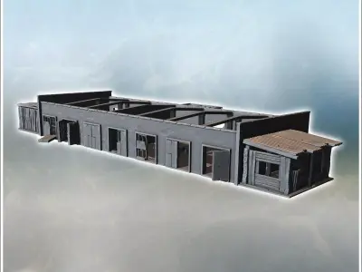 Long industrial shed with exposed beams corrugated walls and mul 3D print model