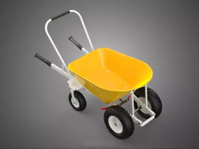 YELLOW FOUR CASTER WHEELED GARDEN CART WHEELBARROW HANDBRAKE TIP 3D model