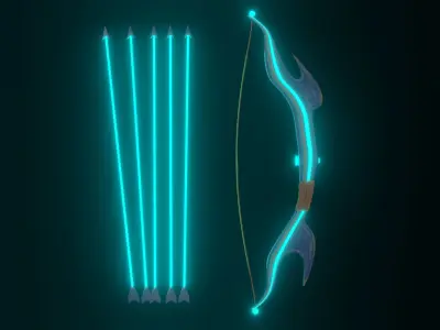 3d model of arrow and bow in blue and gold color Low-poly 3D model