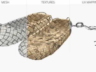 Aged Bast Shoes with Tied Laces 3D model
