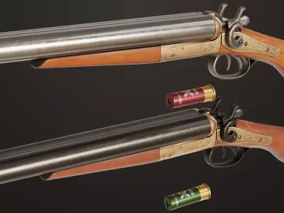 Classic Shotgun Black and Silver Single Mat PBR Unity UE Texture Low-poly 3D model