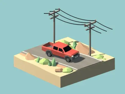 Low Poly Cars car on road with power lines Free low-poly 3D model