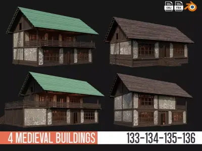 4 Old Medieval Building Pack 4K Textures GameReady 133 to 136 Low-poly 3D model
