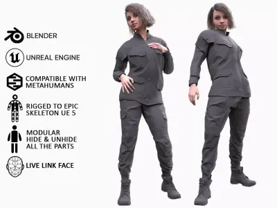 Woman - Military Uniform 2 - Modular - Rigged Low-poly 3D model