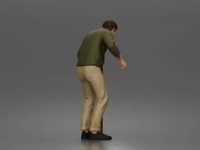 Elderly man walks using cane wearing sweater collared shirt 3D print model