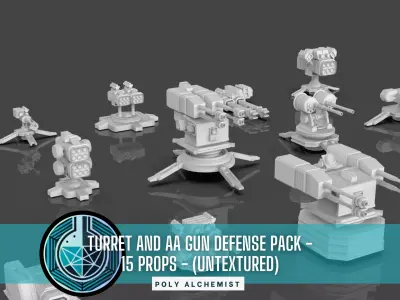 Turret and AA Gun Defense Pack - 2 - 15 Props - Untextured Low-poly 3D model