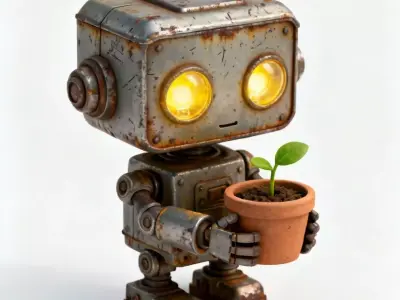 Vintage Rusty Robot Gardener 3D Model - Cute Eco-Bot Mascot Low-poly 3D model