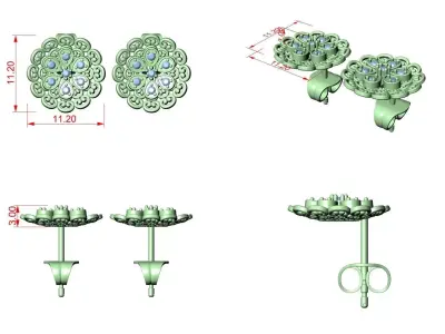 SAMPLE Floral Filigree Diamond Stud Earrings Cluster Studs  Free 3D print model