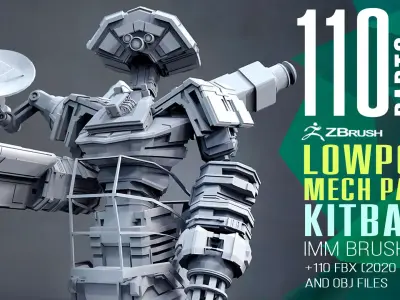 110 Low poly futuristic robot or weapon parts kitbash IMM brush 3D model