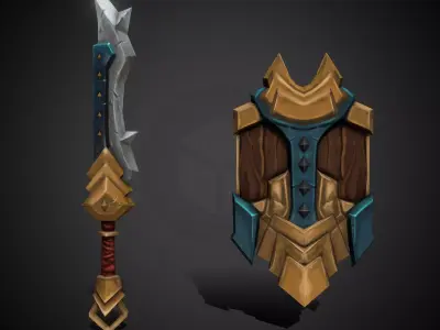Stylized Sword and Shield Weapons Game-Ready Low-Poly Low-poly 3D model