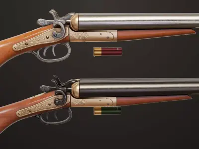 Classic Shotgun Black and Silver Single Mat PBR Unity UE Texture Low-poly 3D model