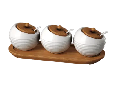  Ceramic &amp; Timber Spice Jar Set Models, White 