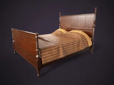 Vintage Wooden Bed Low-poly 3D model