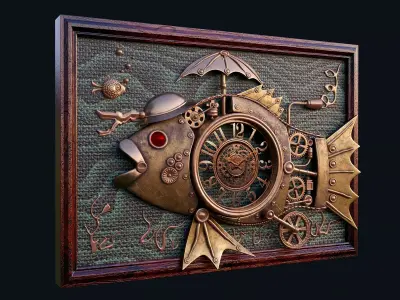 Basrelief in form of steampunk fish 3D model