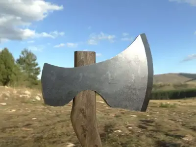 3D Ax Model axe in middle of field Low-poly 3D model