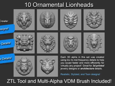 Zbrush - 10 Ornamental Lion Heads VDM Brush 3D model