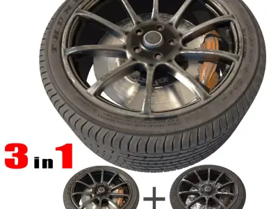 car wheel with dirty tire and ring - Game-Ready - VR AR Low-poly 3D model