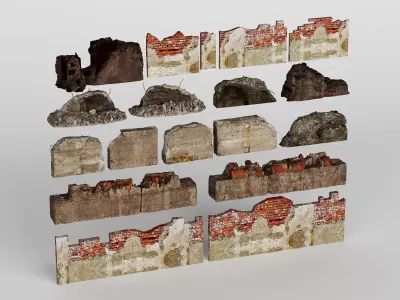 Ruined Brick Walls and Damaged Structures Low-poly 3D model