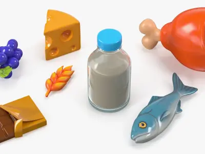 Cartoon Food Assortment with Meat Fish and Dairy 3D model