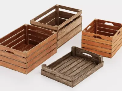 Wooden Boxes - 4 Open Slatted Storage Crates 3D model