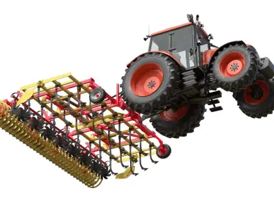 Kubota M130X1 Tractor and Agricultural Cultivator Low-poly 3D model