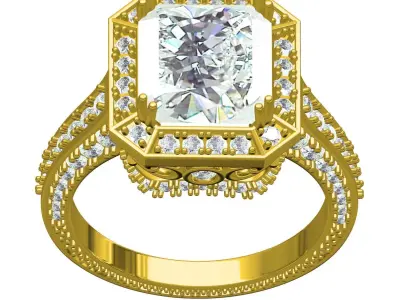 Antique Emerald Stone Round Diamond halo Filigree Ring 3D print model