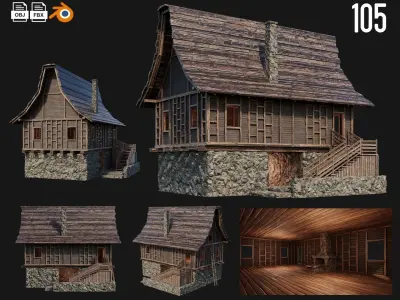 4 Old Medieval House Buildings Pack 4K GameReady 105 to 108 Low-poly 3D model