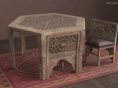 Old Moroccan Carved Wooden Table with Chair 3D model