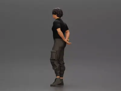 Man with messy hair wearing black shirt and cargo pants 3D print model