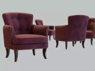 Vintage Chair Burgundry Velvet Upholstery Dark Walnut Legs Low-poly 3D model
