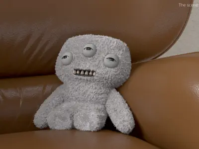 Plush Toy Alien with Three Eyes Gray Fur Rigged for Cinema 4D 3D model